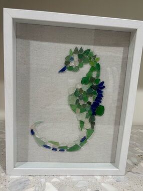 Handmade “Blue Eyed Seahorse” Natural Aruba Sea Glass Framed Wall Art 12”x15”